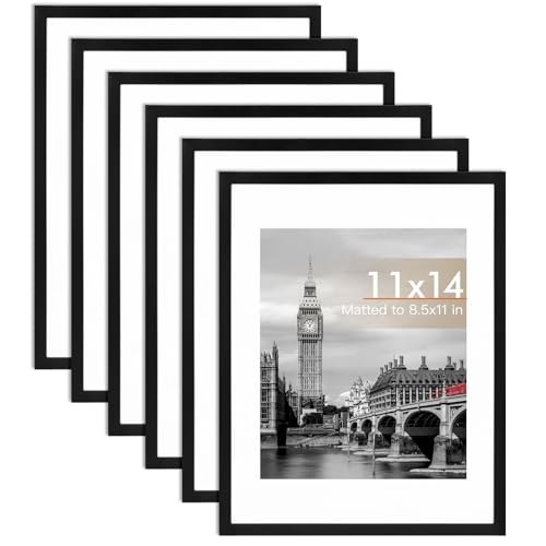 Fixwal 11x14 Picture Frame Set of 6 with Shatter Resistant Plastic Glass, Thin Border and Light Weight Photo Frames for Wall or Tabletop Display, Black