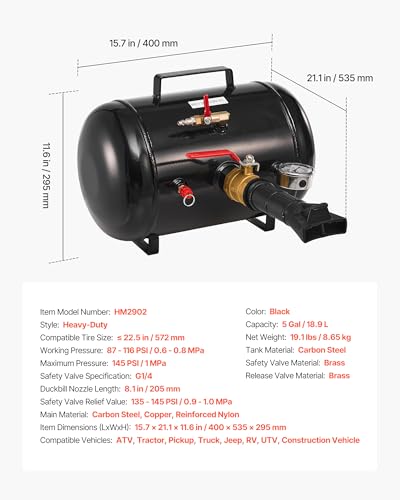 Image of VEVOR Air Tire Bead Seater, 5 Gal / 18.9 L, Heavy Duty Tire Bead Blaster Tool, 87-116 PSI Operating Pressure, Air Trigger Seating Inflator for Pickup, Truck, ATV, Jeep, Van, Lawn Tractor, RV, Black