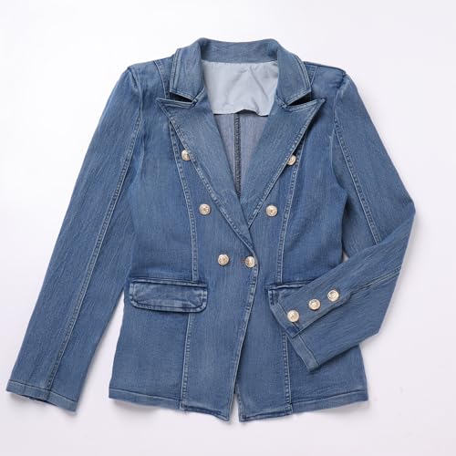 Denim Blazer Suit for Women Notch Collar One Button Office Lady Business Work Outfits Lapel Fall Winter Jean Jacket4