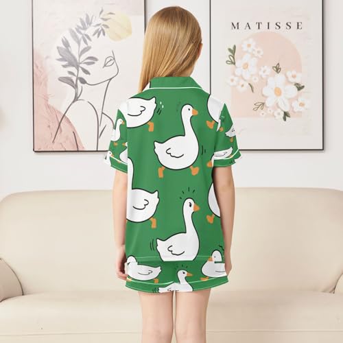 Satin Pajama Sets Short Sleeve Green Background with White Ducks Button Down Silky Nightwear 2 Piece PJS 5-14Y4