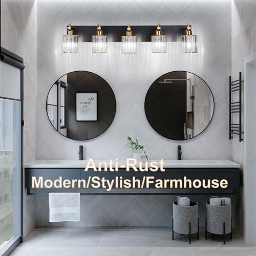 Image of She's home 5-Light Vanity Lights for Bathroom: Black Gold Vanity Lights with Crystal Glass Shade, Modern Crystal Bathroom Light Fixtures Over Mirror, 34inch Black Gold Wall Sconce for Bath, E26 Base