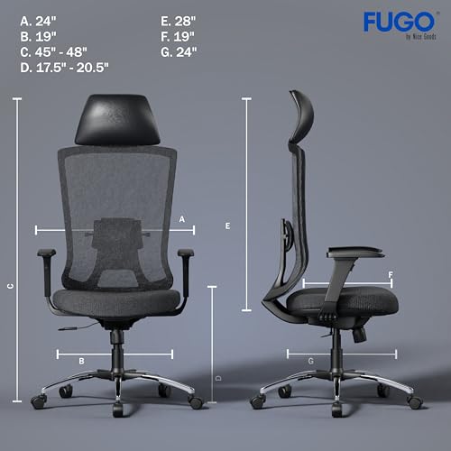 Image of FUGO FG410 High-Back Ergonomic Office Chair-Executive Computer Chair with Adjustable Headrest, Armrests, Lumbar Support, Breathable Mesh, 360 Swivel, Recline Function, and Heavy-Duty Base (Black)