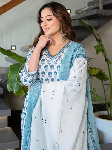Image of Arayna Women's Pure Cotton Block Printed Ethnic Kurta Set with Palazzo & Dupatta