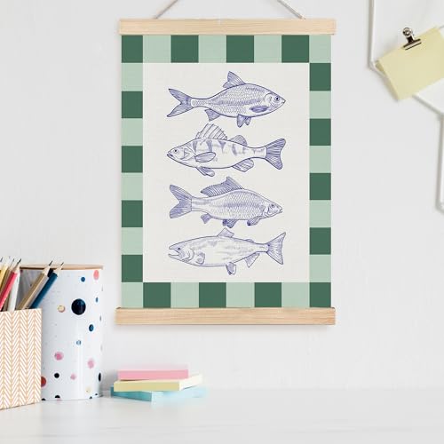 Image of PQKIY Green Plaid Coastal Beach Fish Wall Art Decor,Ocean Room Decor,Vintage Blue Fish Nautical Wall Decorative for Bedroom Living Room Home,12x16 Inch