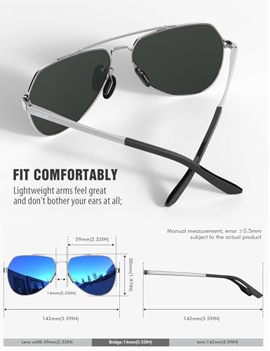 Image of LUENX Mens Womens Aviator sunglasses Polarized & with Case - UV 400 Protection Dark Blue Lens Silver Frame 60mm