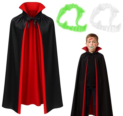 Snyvpra 4 Stück Vampir Kostüm Kinder Set, 120cm Doppelseitig Vampir Umhang Mit VampirZähne & 2 Stück Tattoo Aufkleber, Halloween Kostüm Kinder Jungen Mädchen, Halloween Kostüm Jungen