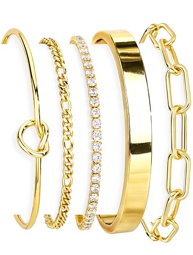 Gokeey Gold Cubic Zirconia Classic Tennis Bracelets for Women Trendy 14K Gold Plated Bangle Cuff Bracelet Set for Women Love Tike Knot Paperclip Figaro Bracelet Stack No Tarnish Bracelets Waterproof Simple Fashion Jewelry Gifts