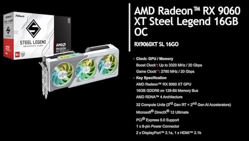 Image of ASRock AMD Radeon RX 9060 XT Steel Legend Overclocked Triple Fan 16GB GDDR6 PCIe 5.0 Graphics Card. 7680 x 4320 Maximum Resolution. Boost Clock: Up to 3320 MHz / 20 Gbps.