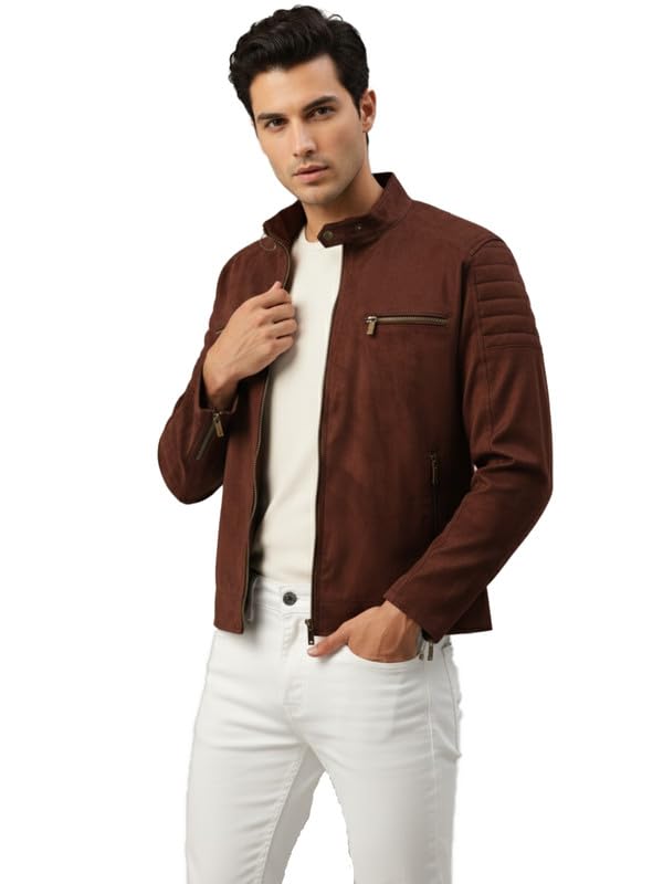 Image of Leather Retail Coffee Suede Jacket For Men's