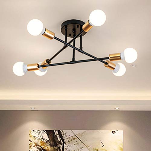 Industrial Chandelier Semi Flush Mount Ceiling Pendant Light, CraftThink 6 Lights in Wrought Iron Edison Bulb, Metal Modern Pendant Light for Kitchen Bathroom Dining Room Bed Room (Black)