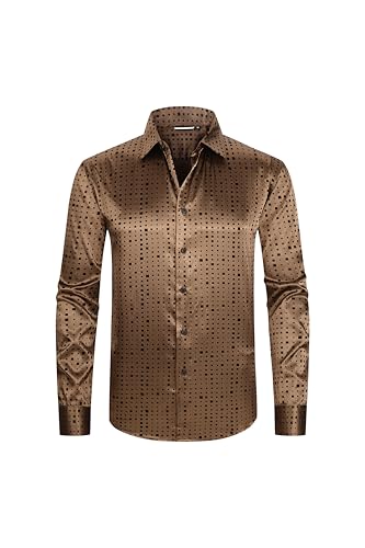 Damipow Men's Silk Satin Dress Shirts Long Sleeve Casual Button Down Shirt Party Prom Wedding Shirt3