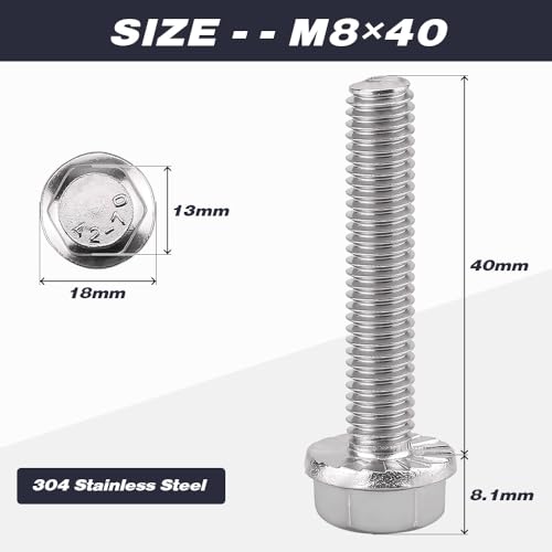 Image of M8-1.25 x 40mm (10 pcs) Flanged Hex Bolts, 304 Stainless Steel 18 /8, Large Washer Head Automotive Screws for Car Parts & Machinery Replacement