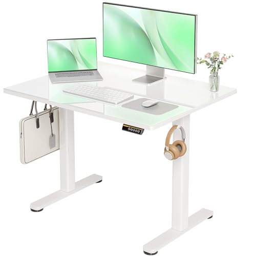 Claiks Glass Standing Desk, 40x24 Inch Small White Stand Up Desk Electric Adjustable Height Quick...