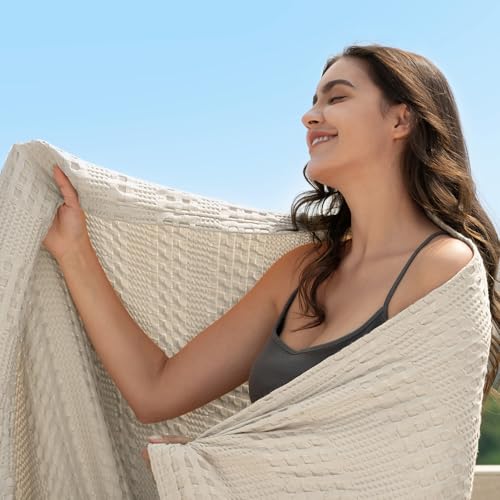 PHF Cooling Waffle Blanket King Size, Lightweight 60% Rayon Derived from Bamboo & 40% Cotton Breathable Blanket for Hot Sleepers, Soft and Luxury for Bed Couch and Sofa, 104"x90", Linen