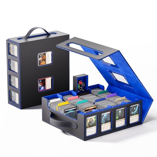 Image of Trading Card Storage Box - 3500+ Magnetic MTG Deck Box with Handle,Commander & Toploader Display, Dice Box,4 Dividers & 30 Color Labels - Fits for TCG,MTG,Yu-Gi-Oh and Sport cards(Black /Blue)