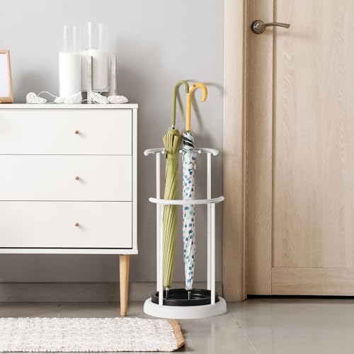 OYEAL White Umbrella Stands Rack for Entryway Metal Umbrella Holder with Removable Water Tray, Free Standing Organizer for Umbrella Walking Sticks Canes