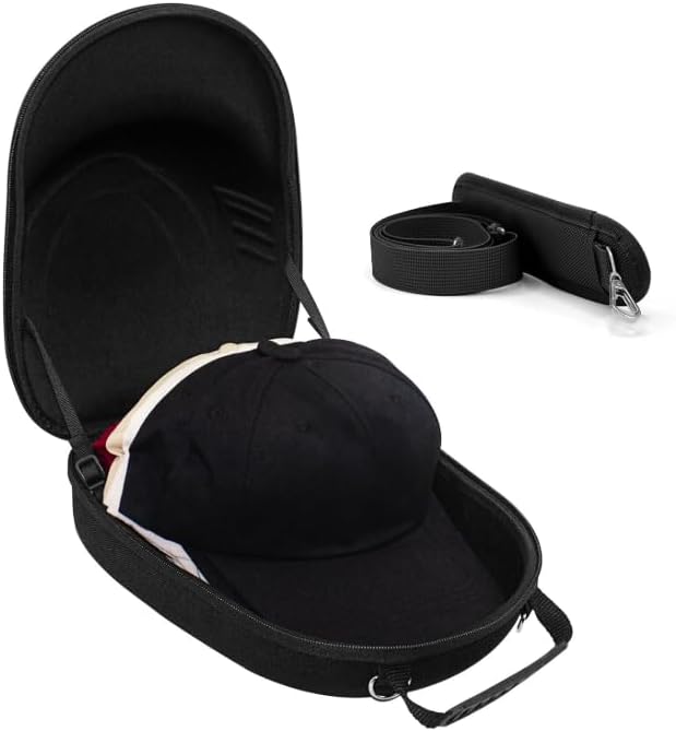 Crush Proof Baseball Cap Case, Holds 6 Caps with Handle & Strap Black
