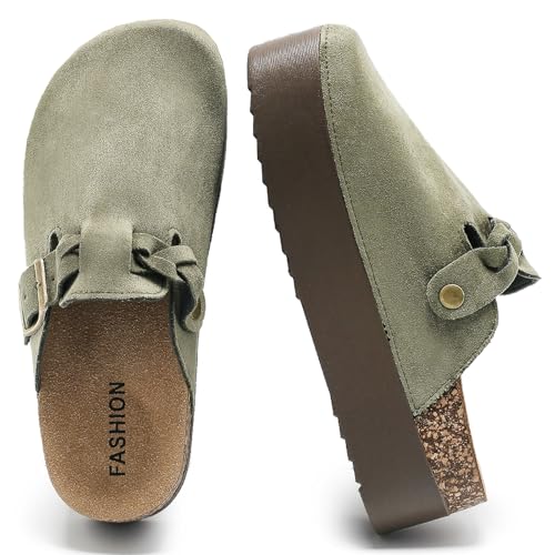 Zuecos De Plataforma para Mujer con Hebilla Ajustable, Pantuflas De Cuero con Plataforma Y Plantilla De Corcho Suave, Sandalias De Ante Semi-Cerradas, Zapatillas De Casa con Suela Gruesa