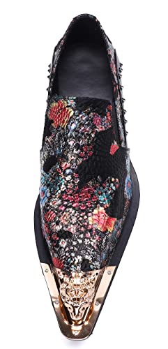 Santimon Mens Dress Loafers Floral Embroidered Leather Slip On Sequin Pointed Dragon Metal Tip Smoking Style Wedding Party Shoes4