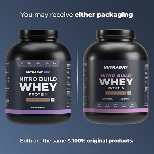 Image of Nutrabay Pro Nitro Build Whey Protein Powder - 2kg, Milk Chocolate | 30g Protein, 3g Creatine, 6.6g BCAA | Easy to Digest | NABL Lab Tested | Muscle Growth & Recovery | Gym Supplement for Men & Women