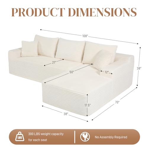 Image of 108 inch L Shaped Cloud Boneless Sectional Couches for Living Room, Modern Comfy Modular Deep Seat Memory Foam Compressed Corduroy Sofa Oversized Right Facing Chaise, No Assembly Required, White