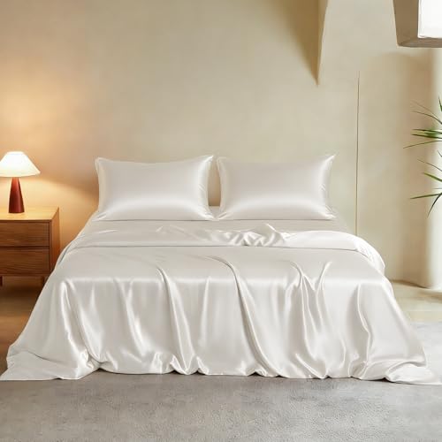 THXSILK Luxury King Silk Duvet Cover Set 3 Pieces Extra Soft Breathable & Cooling Bedding Set Machine Washable & Durable 1 Duvet Cover & 2 Pillowcases with Zipper Closure(White)
