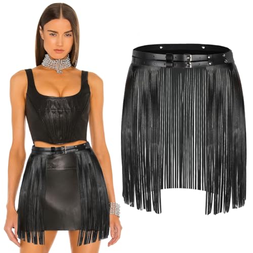 Cinturón de falda con flecos para mujer, cinturón de falda con borlas de cuero sintético a la moda, traje de festival rave para mujer, negro, falda de cuero gótica punk，Falda negra con flecos