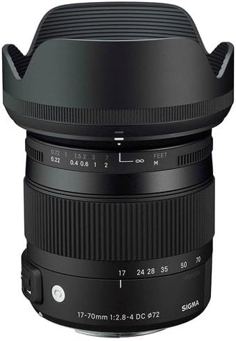 Sigma 17-70mm lens with attached lens hood.