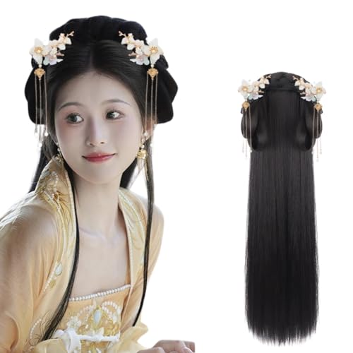 DYLJixin Retro Chinese Vintage Wig Ancient Style Headband Headwear Wigs Bun Hair Pieces Hanfu Cosplay (Size : Wig+headwear12)