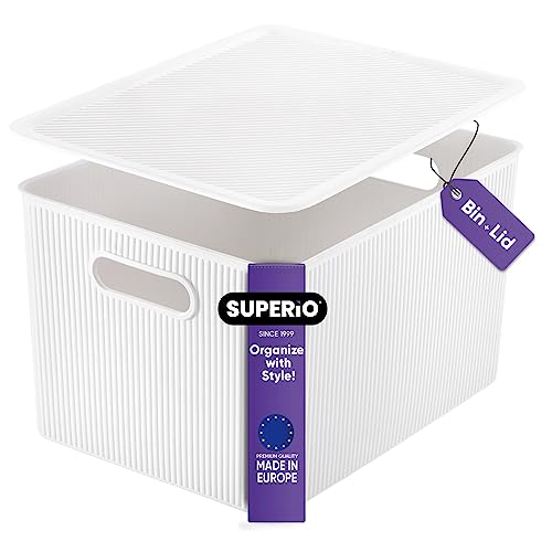 Superio Ribbed Collection - Decorative Plastic Lidded Home Storage Bins Organizer Baskets, X-Large White (1 Pack - 22 Liter) Stackable Container Box, For Organizing Closet Shelves Drawer Shelf #TOP8