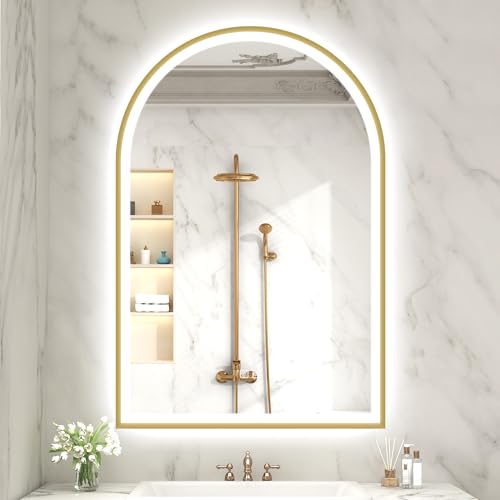 S'bagno 24x36 Arched Gold LED Mirror for Bathroom with Frontlit & Backlit, LED Bathroom Mirror with Metal Frame, Anti-Fog, Stepless Dimmable, 3 Color