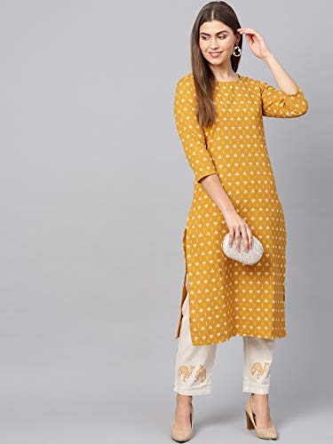 Image of YUFTA Women's Mustard Yellow & Off-White Block Print Kurta with Trousers