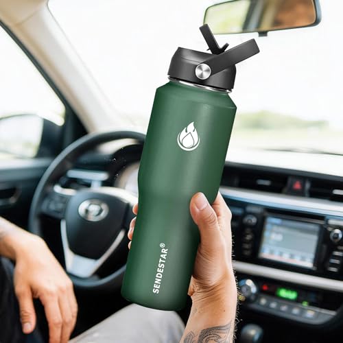 Image of SENDESTAR Water Bottle,Wide Mouth Stainless Steel Vacuum Insulated Double Wall Keep Liquids Cold or Hot All Day,Sweat Proof Sport Design,Fit Car Cup Holder,Dark Green,32 Ounces