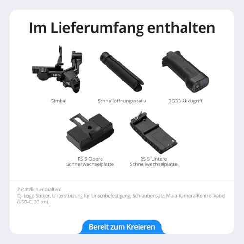 DJI RS 5, Gimbal-Stabilisator für Kameras von Canon, Sony, Panasonic, Nikon, Fujifilm, Feinabstimmungsknöpfe, Automatische Achsensperren der 2. Generation, Schnellöffnungsstativ, Neue Z-Achsen-Anzeige