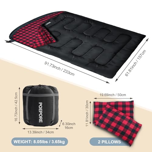 Image of Double Sleeping Bag Flannel for Adults with 2 Pillows 2 Person Sleeping Bags Camping XXL Queen Size Two Person Sleeping Bag for Cold Weather