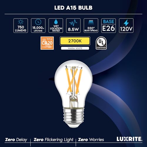 LUXRITE A15 Edison LED Bulb, 60W Equivalent, 8.5W, Dimmable, Enclosed Fixture Rated, 750 Lumens, CRI 90, E26, Clear Glass, Wet Rated, Title 20, UL Listed (2700K (Warm White), 6 Count (Pack of 1)) by LUXRITE - Used condition - Image 7