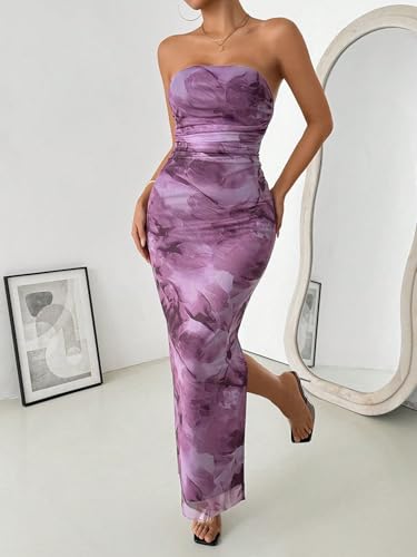 Image of LIGHT DOT Women's Summer Dress Printed Strapless Tube Bodycon Maxi Side Slit Mesh Layered