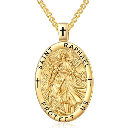 WYUESGU St Raphael Medal 14K Gold Plated St Raphael Pendant Necklace Saint Raphael Archangel Religious Medal Saint Raphael The Archangel Pendant Catholic Jewelry Religious Gifts for Men