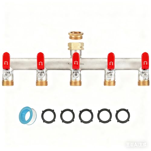 Wisdomgarden Distributore acqua 5 vie, distributore di acqua in ottone nichelato, distributore per rubinetto da giardino, 5 vie, con manici rossi, 3/4 pollici, robustezza, adattatore esagonale da 1/2
