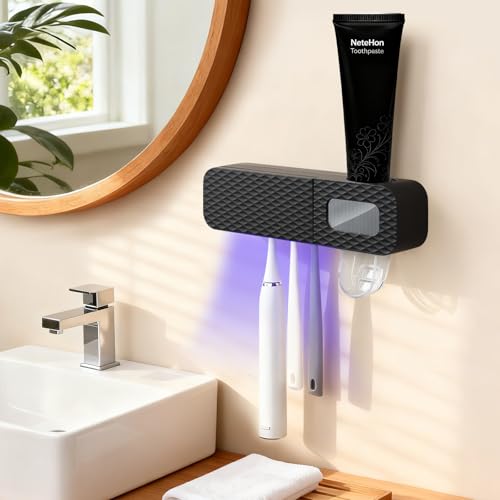 NeteHon Smart Wall-Mounted Toothbrush Holder for Bathroom Black Toothbrush Storage Organizer with 3 Slots Toothbrush Holders with Toothpaste Dispenser for Drying Function