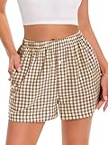 Boxer Shorts for Women Summer Gingham Pajama Casual Plaid Shorts Y2K Beach Bottoms with Pocket(Khaki, XL)