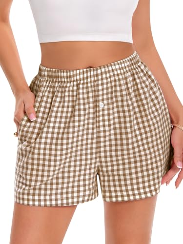 Image of Women Boxer Shorts Summer Gingham Pj Casual Plaid Bottoms with Pocket