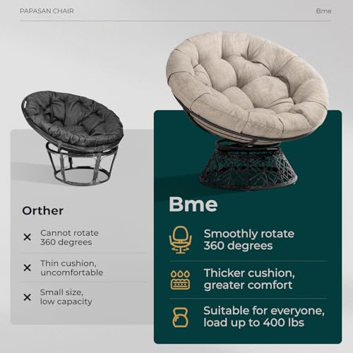 Image of Bme Ergonomic Wicker Papasan Chair with Soft Thick Density Fabric Cushion, High Capacity Steel Frame, 360 Degree Swivel for Living, Bedroom, Reading Room, Lounge, Silver Cloud - Black Base