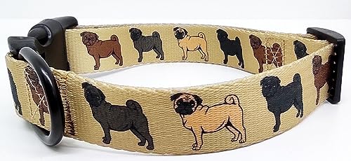Mops Halsband Hundehalsband für Mops beige mit Mops Motiven Pug Halsband verstellbar exklusiv mit klick weich Platinum 32-50 cm x 2,5 cm breit