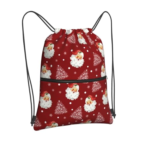 Image of Christmas Santa Claus Drawstring Backpack, Waterproof Snowflake Drawstring Bag for Gym Sports Xmas Party Gift, Women Men Durable Red Sackpack Bag with Front Zipper Pocket and Inside Zipper Pocket