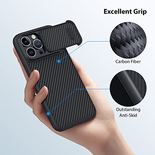 Image of Nillkin iPhone 14 Pro Case with Camera Cover, Carbon Fiber Magnetic Case Compatible with Magsafe [Biult-in Torsion Spring Slide Camera Protection] Slim Fit Protective Case 6.1 inch, Black