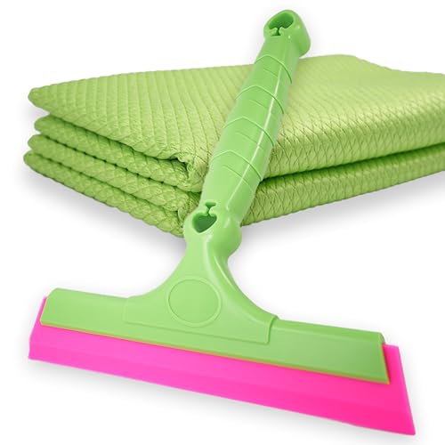 Image of 7.87'' Silicone Squeegee, 2 Pack 11.81 * 15.74'' Microfiber Glass Cleaning Cloth, Lint Free, Rubber Water Blade, Kitchen Countertop, Window Tint, Glass Door, Bathroom Mirror, Green