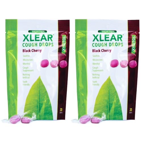 Xlear Xylitol Sugar-Free Cough Drops for Adults and Kids Sugarless Dry Mouth Lozenges for Sore Throat Relief Non-GMO Gluten-Free Natural Black Cherry 30 Count (Pack of 2)