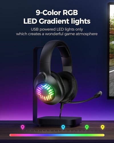 Stereo Gaming Headset, Wired Gaming Headphones Over Ear, Noise Cancelling Mic, 9 Colors Gradient RGB Ligh, Soft Memory Earmuffs for PC, Xbox One/Series PS5 PS4 Controllers, Nintendo (Black) - Image 5