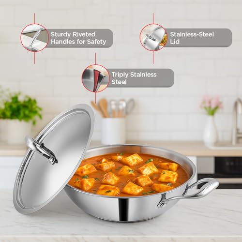 Vinod Platinum Triply Stainless Steel Kadai with Lid - 2.5 L, 24 cm | 2.5mm Thick Base, Even Heating No Hotspot, Less Oil Healthy Cooking, Heavy... - Image 6